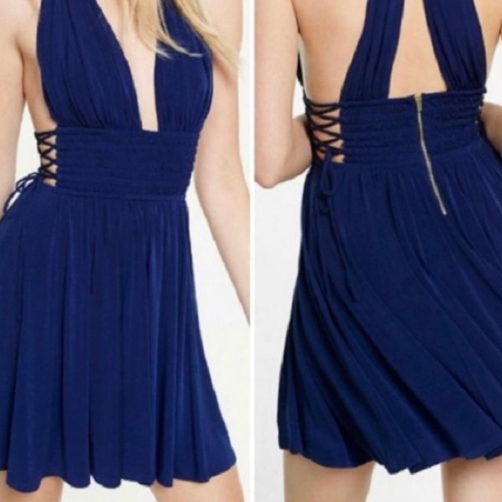 Express Halter Navy Blue Lace up Dress